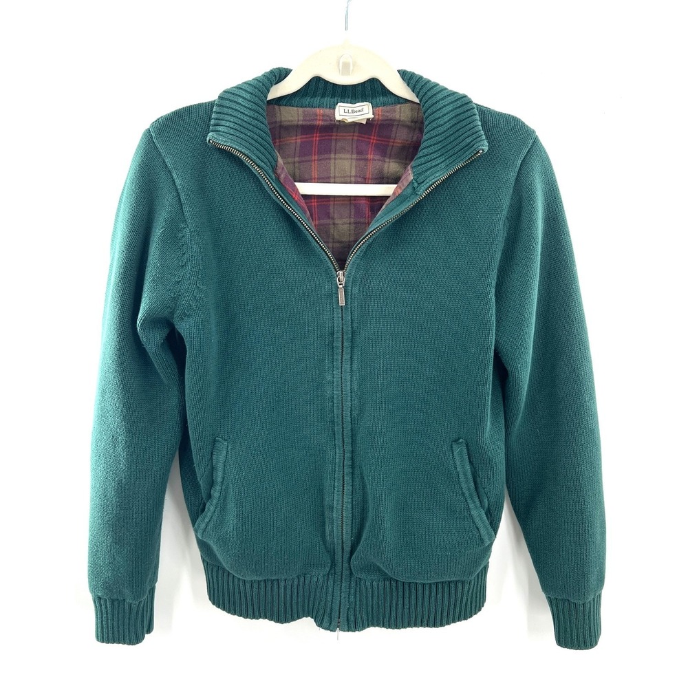 Vintage LL Bean classic grandpa dark teal zip up cardigan sweater flannel line S